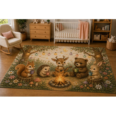 "Ultra Thin" 5' x 7'Baby Forest Friends Campfire Area Rug for Nursery, Soft Low Pile Indoor Rug with Non-Slip Silicone Backing, Kids Room, Playroom, Kids & Pets, Beige Green