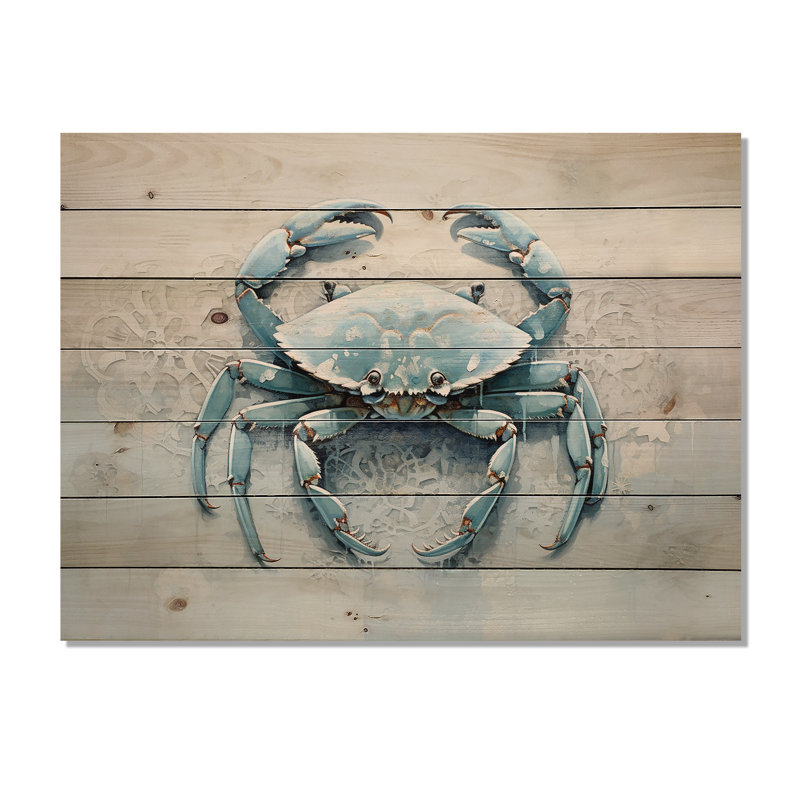 Minimalism Blue Crab Impression I - Crab Wood Wall Art On Natural Pine Wood, 24" H x 32" W