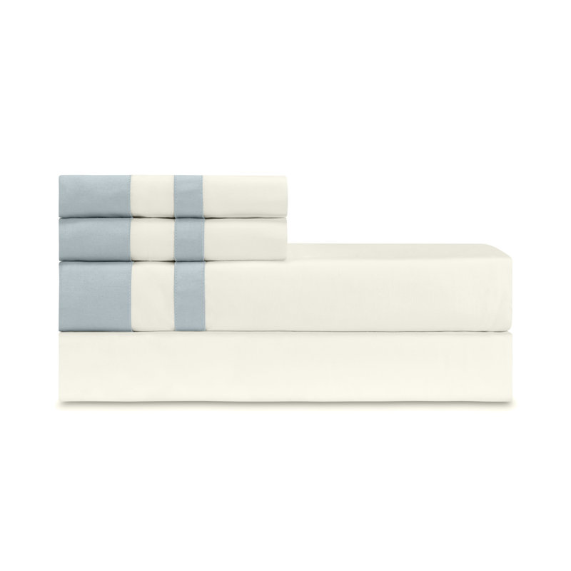 Savoy Sateen Sheet Set, Ivory/Sion Blue, Twin Sheet Set + 2 Pillowcases