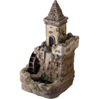 35 Inch Tiered Fairy Castle Waterwheel Fountain, Realistic Stone Look Outdoor Water Feature With Pump For Garden Patio Brown