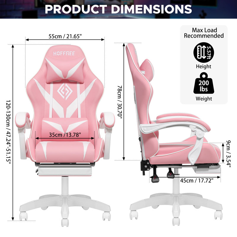 Ivy Bronx Adjustable Reclining Ergonomic Faux Leather PC & Racing Game Chair with Massage, Pink/White, White