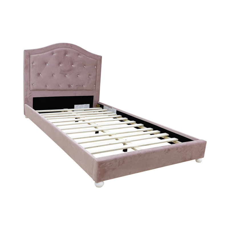 Lit simple avec tissu rose - 45,73 po Hauteur, cadre attrayant dans un matelas de soutien sans sommier
