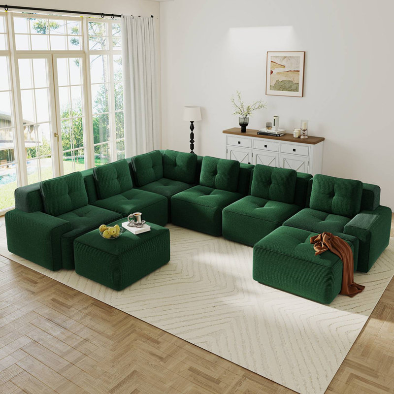 Canapé modulaire surdimensionné en velours côtelé 151 po avec 2 repose-pieds 151 po, Velours côtelé vert