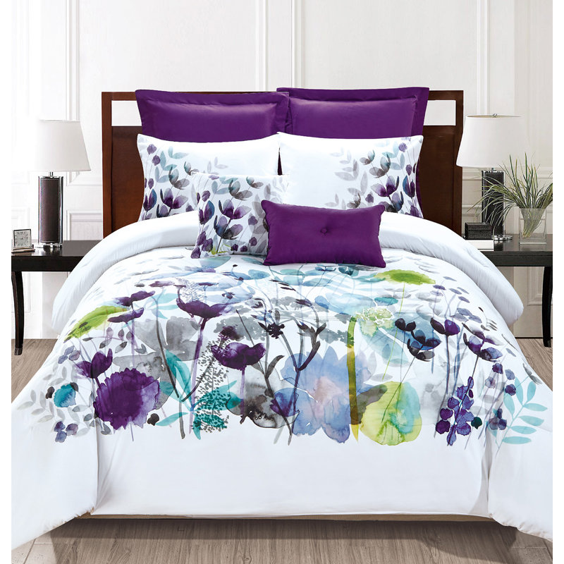 Flower Polyester Floral Comforter, Queen Comforter + 4 Shams + 2 Throw Pillows