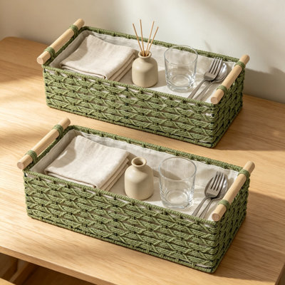 Paniers de rangement en corde de papier tissés à la main pour l'organisation de la salle de bain, ensemble de deux paniers rectangulaires en osier avec poignées pour papier hygiénique, serviettes, jouets et plus encore