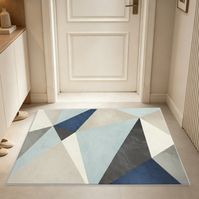 Tapis géométriques triangulaires bleus et beiges pour le salon, doux et confortable, convient à toutes les saisons, facile à entretenir, tapis de sol intérieur lavable à la machine, sous la ferme pour table, salle à manger, bureau, balcon, patio