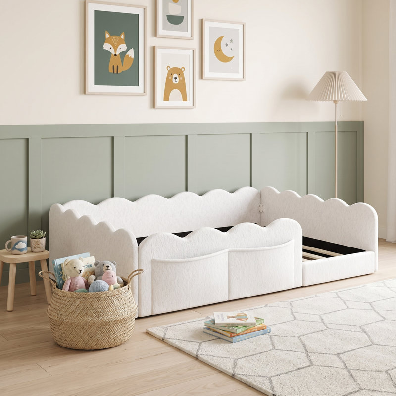 Lit tapissier au sol avec tissu en peluche doux et garde-corps, Lit double, Blanc