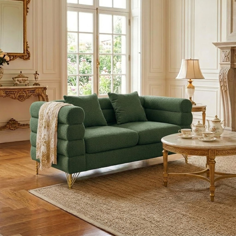 Ornie Canapé rembourré luxueux et confortable avec pieds et coussins en métal pour la réception et le salon, Tissu vert