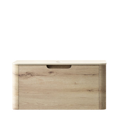 Meuble-lavabo en chêne blanc 7070 avec comptoir en pierre frittée, un tiroir, sans lavabo, robinetterie et cache-évier, beige, contreplaqué, largeur 48,7 cm, hauteur 38,3 cm, profondeur 93 cm