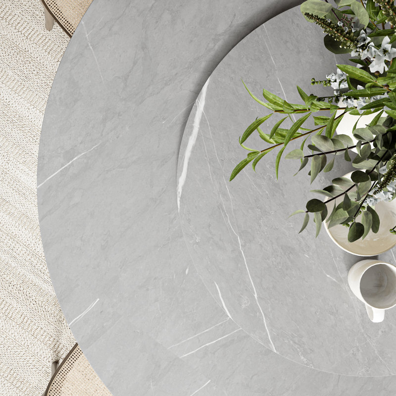 Aversa Modern Round Dining Table, Sintered Stone & Travertine Top With Lazy Susan, Farmhouse Kitchen Table For Dining Room