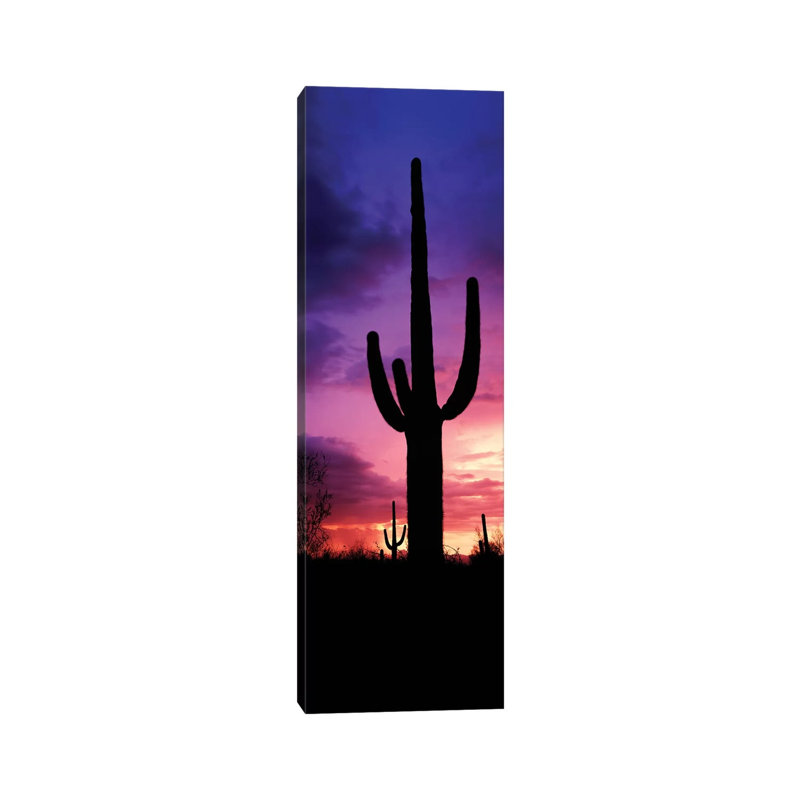Silhouette Of Saguaro Cactus Against Moody Sky At Dusk, Arizona, USA - Wrapped Canvas Panoramic Print