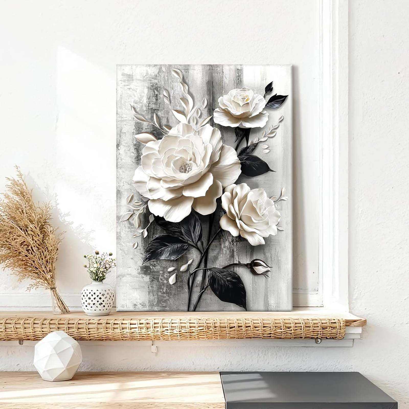 Ebern Designs Vintage Rose Canvas Wall Art Modern Black And White ...