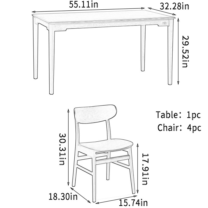 4 - Person Solid Wood Top Four Leg Base Dining Set, 29.52"H x 55.11"L x 32.28"W