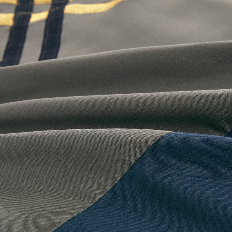 7-Piece Modern Pleated Stripe Embroidered Comforter Set with Sheets, Navy/Gray/Yellow, Queen Comforter + 6 Additional Pieces