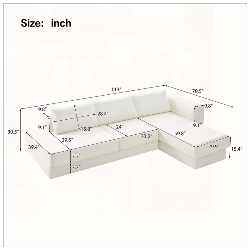 Canapé modulaire en L avec coussins double couche, Beige