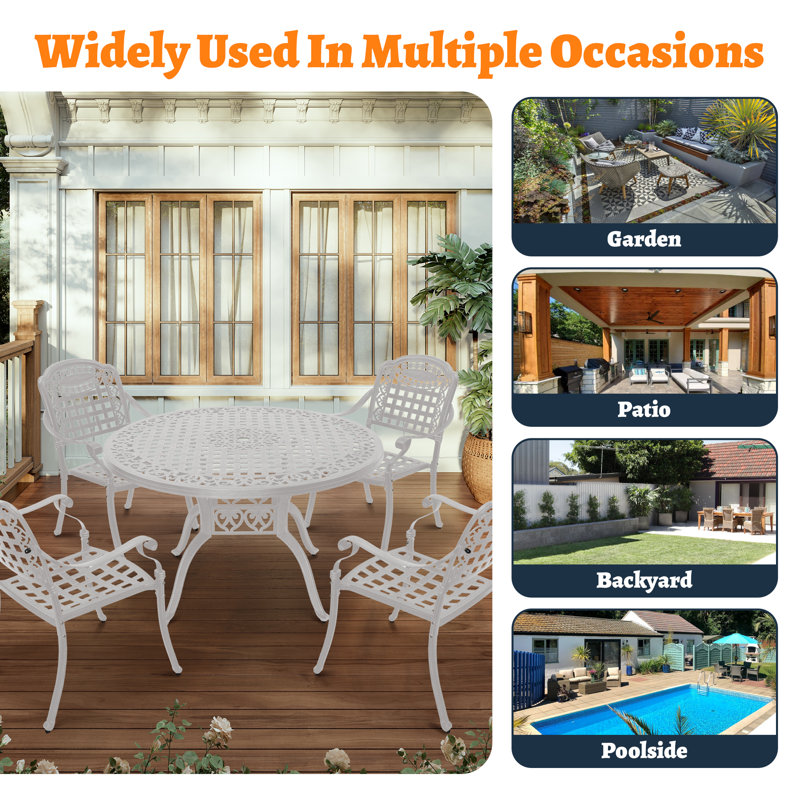 Rhedyn 4 - Person Round Outdoor Cast Aluminum Dining Set with Umbrella Hole, White