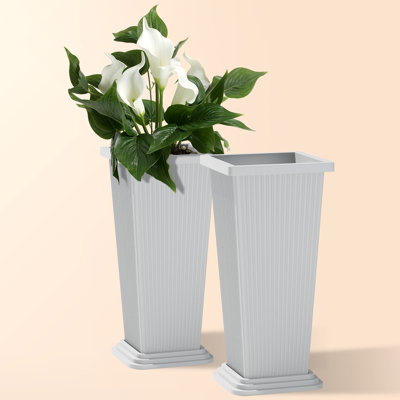 24" H Tall Tapered Plastic Planter (Set of 2) with Drainage Tray, Indoor & Outdoor Square Planter for Porch, Patio & Backyard
