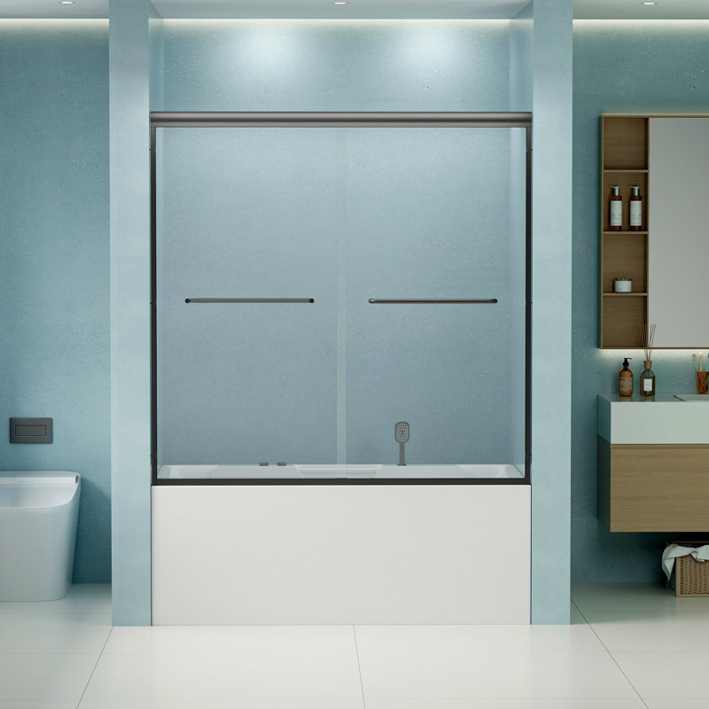 56"-60" W X 58" H Double Sliding Bathtub Shower Door, Semi-Frameless Bypass Tub Door, 1/4" (6Mm) Tempered Glass With Explosion-Proof Film