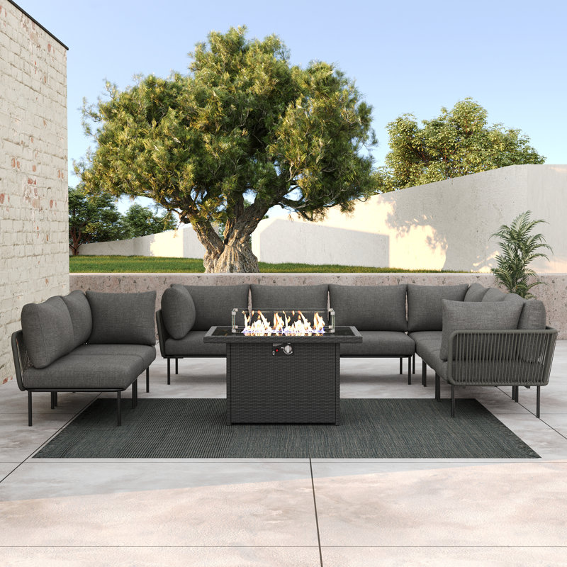 Outdoor Patio Woven Rope Wicker Modular 9 Pieces Sectional Set With Fire Pit Table And Cushions, Dark Gray
