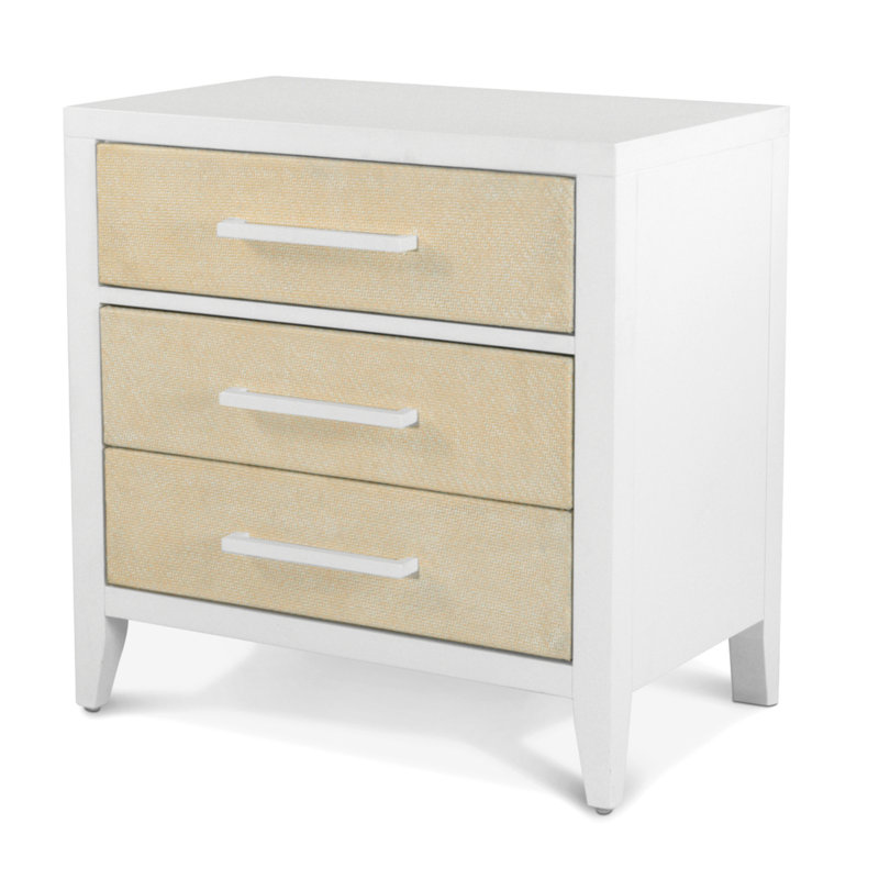Miramar - Table de chevet tissée 3 tiroirs avec multiprise, ports USB-A et USB-C - Finition sable et blanc éclatant
