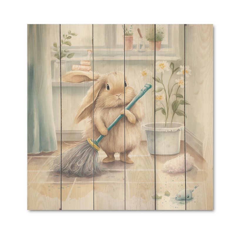 Darryl Bunny Nettoyage de salle de bain IV - Impression sur bois sans cadre, H 24 po x l 24 po x P 1 po