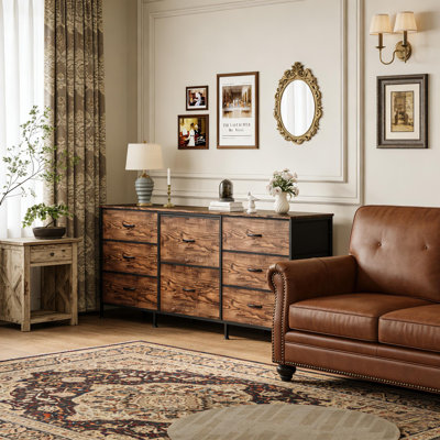 Fabric Drawer Dresser TV Stand with Wooden Top and Metal Frame for Bedroom Living Room