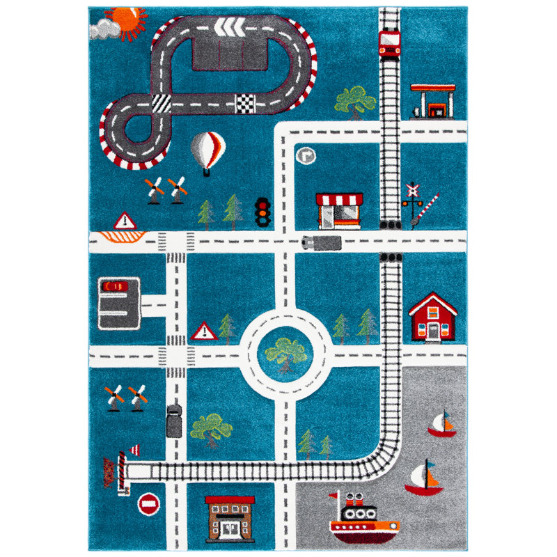Tapis turquoise / ivoire pour enfants Hildreth, Rectangle 3 pi 3 po x 5 pi 3 po