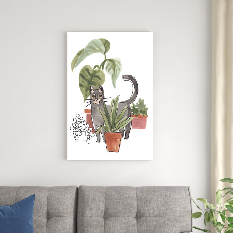 «Purrfect Plants I» par June Erica Vess - peinture sur toile tendue, H 36 po x l 24 po