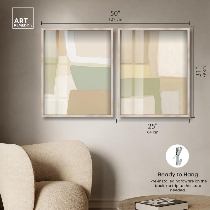 «Soft Dunes Harmony pair Shadowbox», ensemble d'art mural abstrait par Art Remedy, cadre blond, 24 x 30, H 31 po x l 25 po