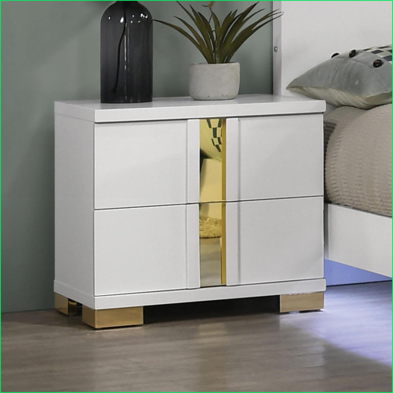 Ensemble de chambre à coucher: lit double 3 pièces 2 tables de chevet, blanc neige, DEL sous le lit, bordure en acrylique | Bois d'ingénierie, métal | Lits standard