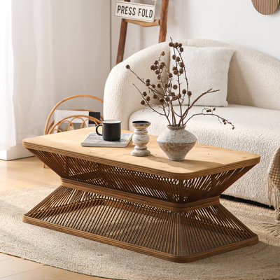 43.3" W Rectangular Mid-Century Modern Soild Wood Desktop Coffee Table, With Woven Bamboo Base Frame Rustic Boho Low Profile Sofa Table by Lark Manor