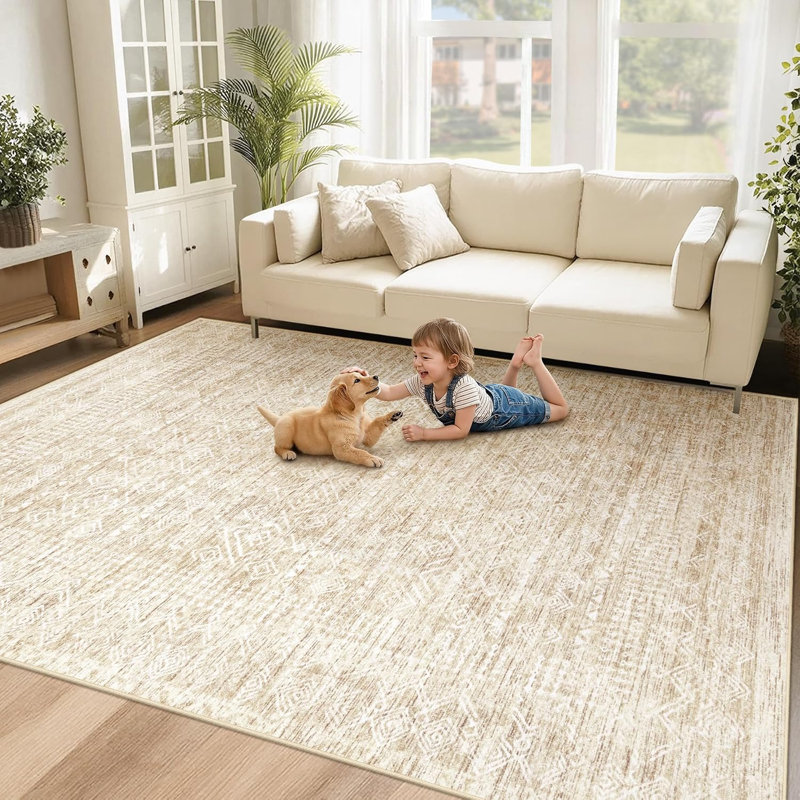 Tapis beige lavable à motif géométrique bohème marocain 5 pi x 7 pi - antidérapant et résistant aux taches, Beige