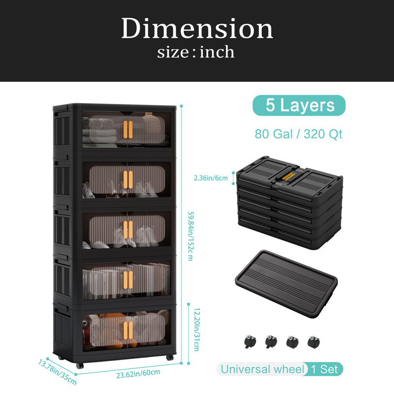 24" Side Wide Folding Storage Cabinet ,Collapsible Storage Bins With Magnetic Door, Plastic Storage Cabinet With Wheels