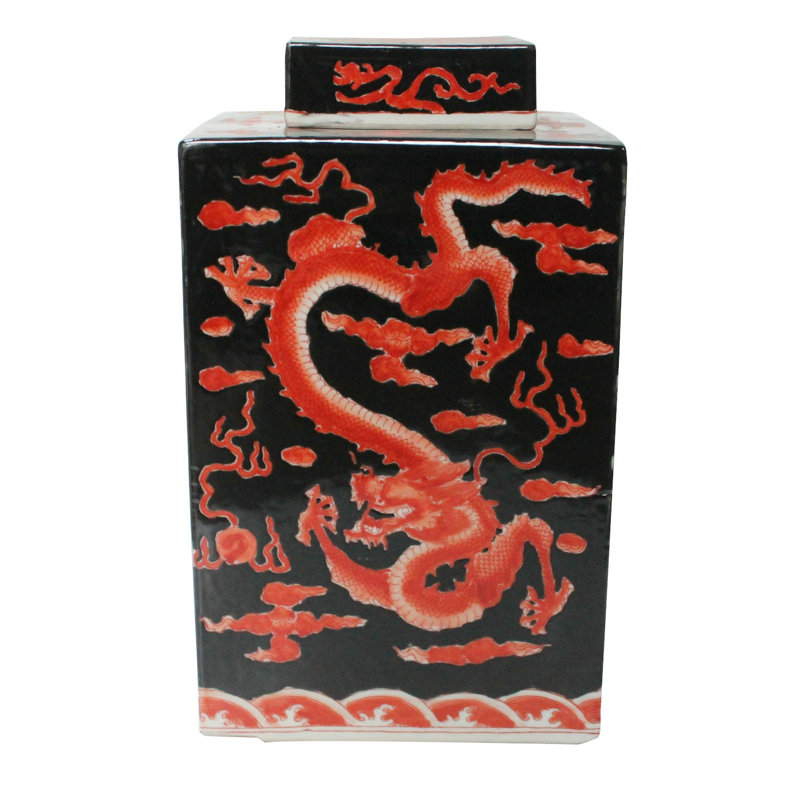 Mccarroll Handmade Porcelain China Ginger Jar, Black Red