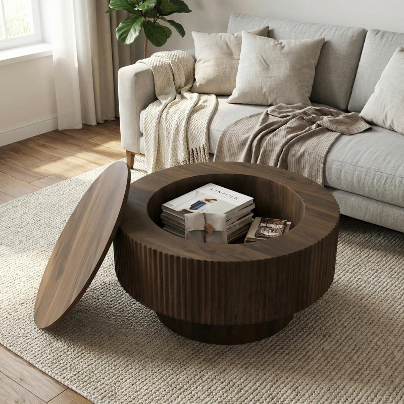 Table basse ronde 29,5 "moderne avec rangement, Noyer
