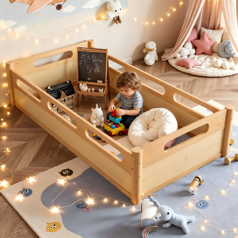 Minimalist Wood Floor Bed Frame with Protective Guardrails, Low Profile Platform Bed for Kids & Adults, Natural, Queen