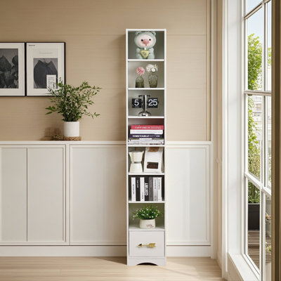 7-Tier Bookshelf With Drawer, 180Cm Tall Narrow Bookcase, Slim Storage Cabinet With Adjustable Shelves For Home Office