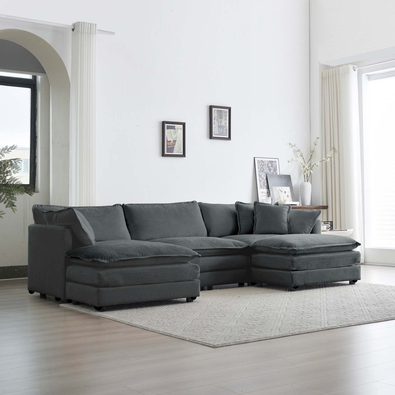 Canapé d'angle moderne convertible 5 places avec 2 repose-pieds réversibles, Gris, H 33 po x l 111,5 po x P 35 po