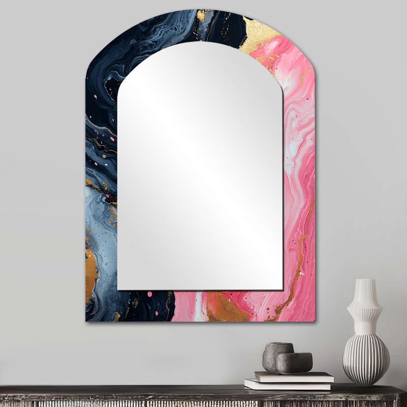 Abstrait marbre en rose et noir - miroir décoratif en arche de marbre, miroir mural asymétrique rose, impression d'art en métal