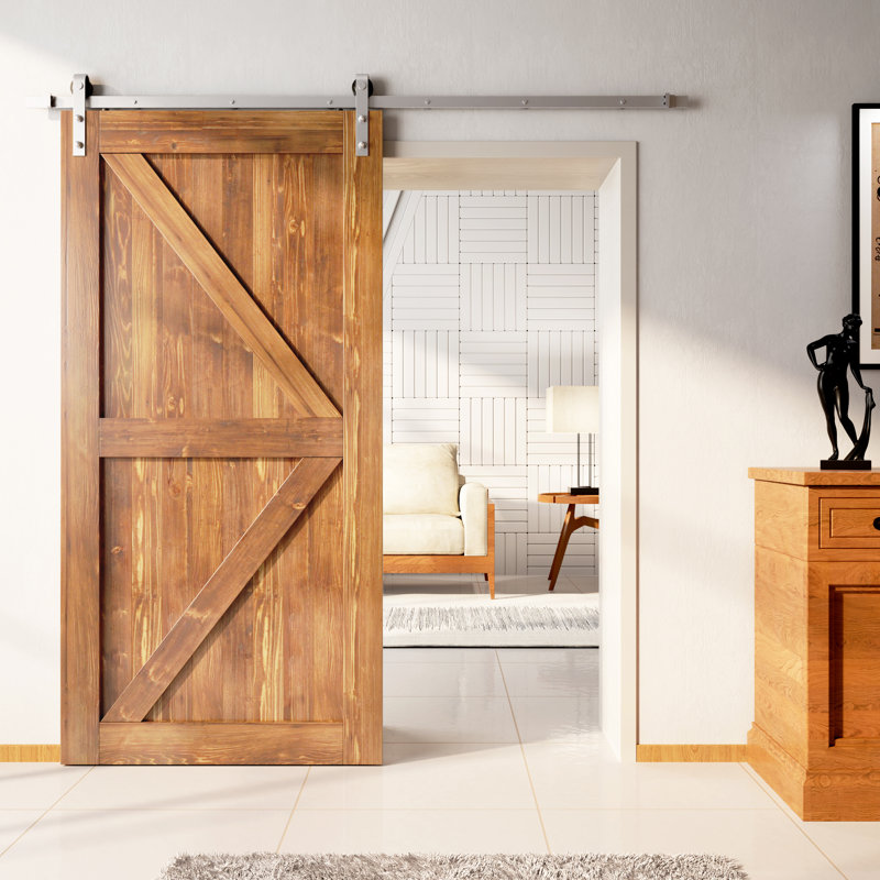 Porte en bois de pin massif non assemblé avec quincaillerie d'installation en nickel brossé Arrow Design, 60 po x 84 po