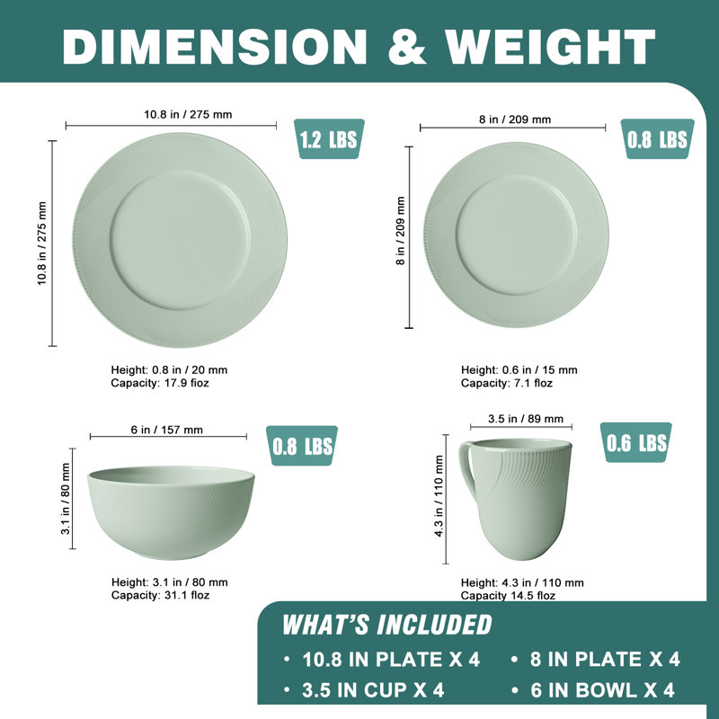  Service de table 16 pièces en porcelaine tressée verte gaufrée avec service léger et durable pour 4 personnes