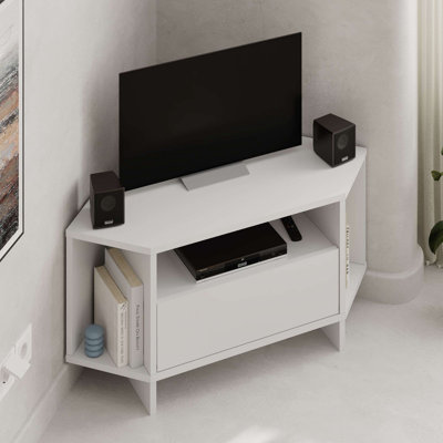 Meuble télé moderne blanc de 37,8 po x 17,7 po x 13,9 po | 100% panneau de particules enduit de mélamine, épaisseur: 0,7 pouce | Pieds en bois robustes, capacité de 22 lb | Conception élégante pour le salon et les espaces de divertissement, assemblage facile