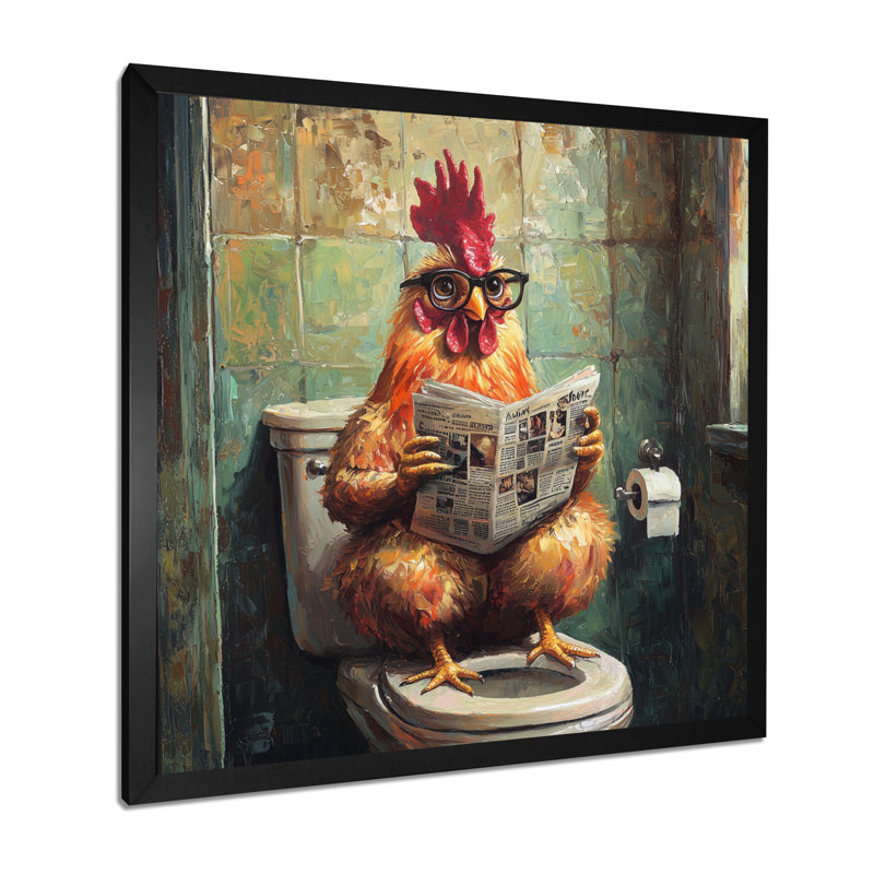 Kermina Rooster lecture du journal dans la toilette II - coq, art mural, H 30 po x l 30 po, Reproduction encadrée