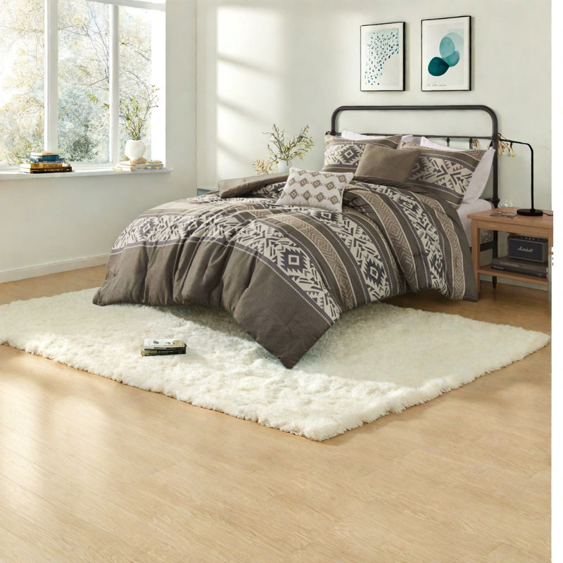 Modern 5 Piece Stripe Herringbone Bedding Sets, Brown Full Queen Comforter Set