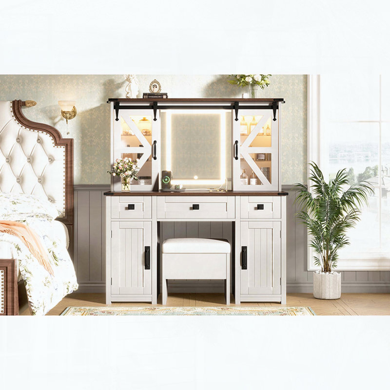 Bureau de coiffeuse Farmhouse avec miroir éclairé, station de charge, rangement pour porte de grange coulissante et tabouret