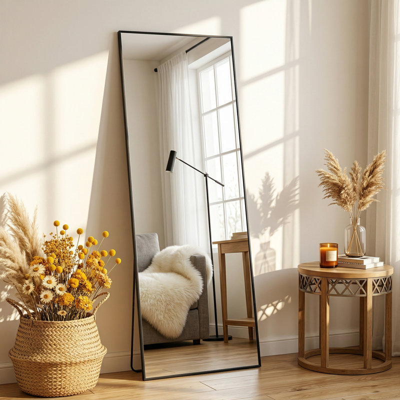 Miroir surdimensionné rectangulaire en aluminium avec cadre, Noir, 71 po x 30 po