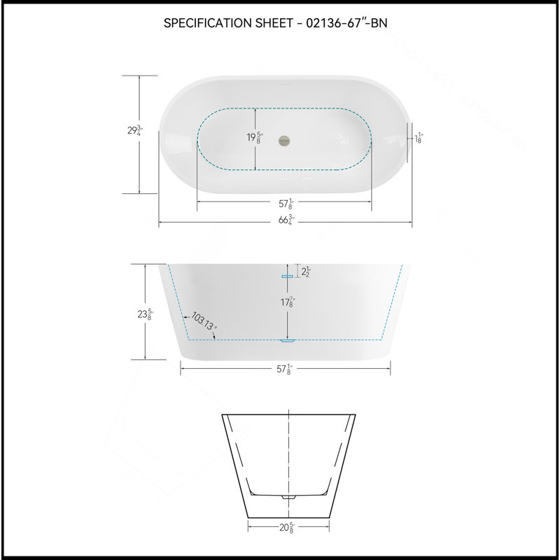 Baignoire autoportante en acrylique de 67 po de conception moderne et contemporaine avec bonde escamotable en nickel brossé et trop-plein minimaliste