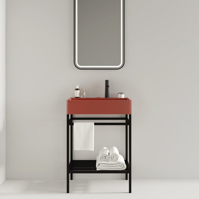 Lavabo de salle de bain 24 po - Céramique rouge lustré avec meuble-lavabo de style console noir, ustensile contemporain, lavabo rectangulaire, pieds en métal, fusion stable