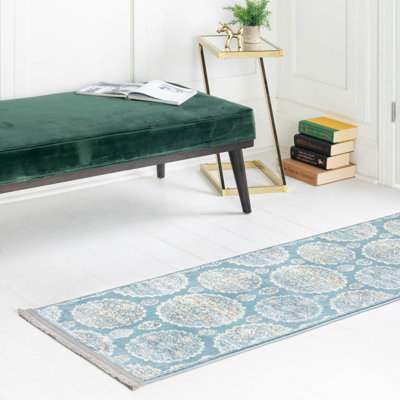 Tapis oriental en polypropylène tissé à la machine en turquoise / gris / jaune
