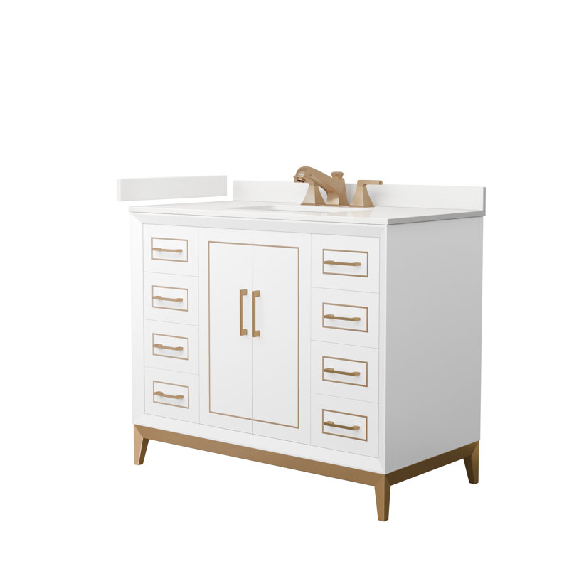 Meuble-lavabo sur pied simple avec comptoir en quartz 42 po Marlena, Quartz Giotto, Blanc, Noir mat